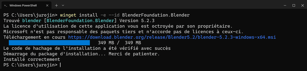 Terminal Windows : winget télécharge l'installeur de Blender depuis download.blender.org, vérifie son empreinte puis lance l'installation