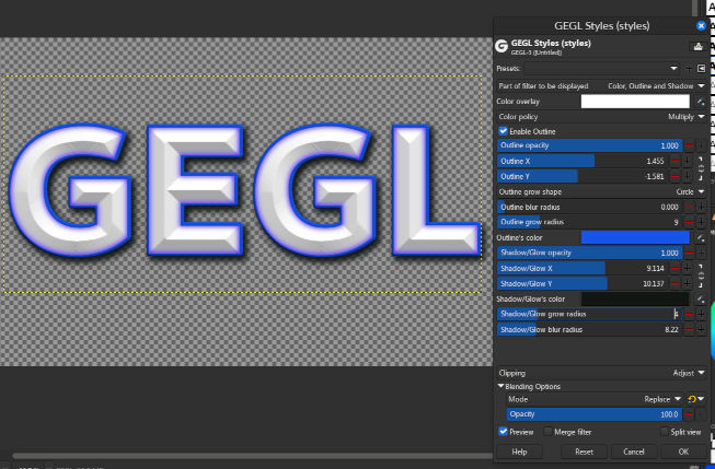 Exemples de styles de texte avec le filtre GEGL Styles dans GIMP 3.0 : texte brut, contour et ombre, bevel et glow, overlay image. Source : docs.gimp.org

