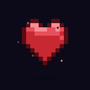 Cœur pixel art en rotation — 24 frames avec squash and stretch, hue shift et ombre dynamique.