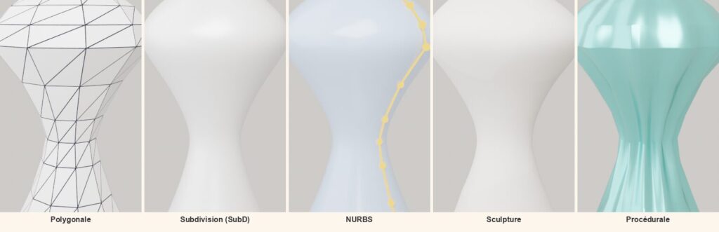 Vase modélisé selon cinq techniques de modélisation 3D CAO polygonale subdivision NURBS sculpture et procédurale avec rendu comparatif sous Blender