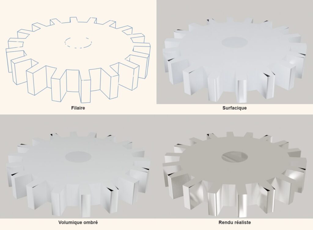 Engrenage droit représenté en quatre modes de modélisation CAO filaire surfacique volumique et rendu réaliste, généré sous Blender 4.2 par script Python