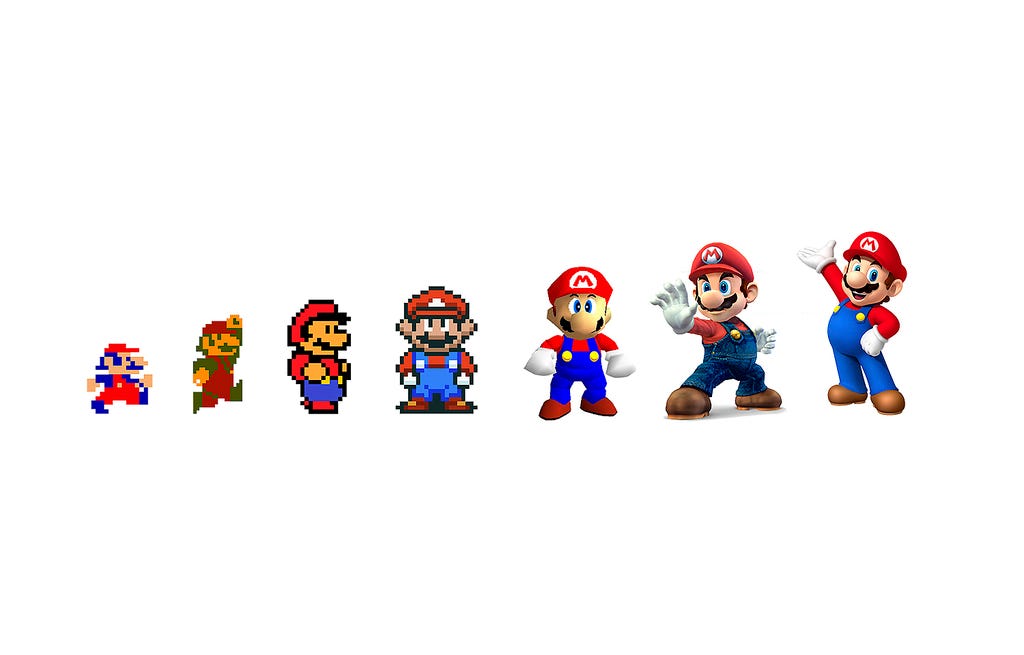 Évolution du character design de Mario, du sprite 16x16 pixels de 1981 au modèle 3D actuel, illustrant comment les contraintes techniques du pixel art ont défini les éléments iconiques du personnage : moustache, casquette et salopette.