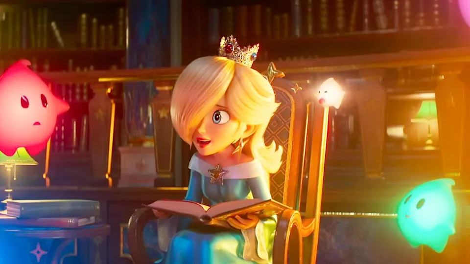 Rosalina et ses Lumas dans la bibliothèque de l'Observatoire stellaire


