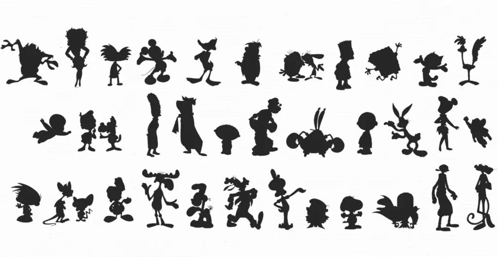 Planche de silhouettes noires de personnages d'animation illustrant le test de la silhouette en character design : chaque contour est unique et identifiable sans aucun détail interne.