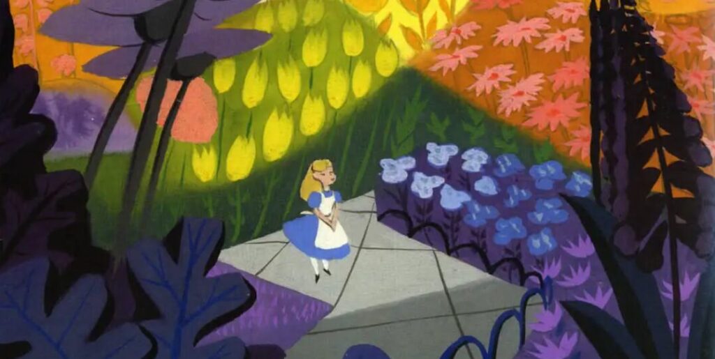 Concept art de Mary Blair pour les studios Disney, illustrant son style caractéristique de formes géométriques simplifiées et de couleurs vives qui a influencé le character design et le visual development dans l'animation