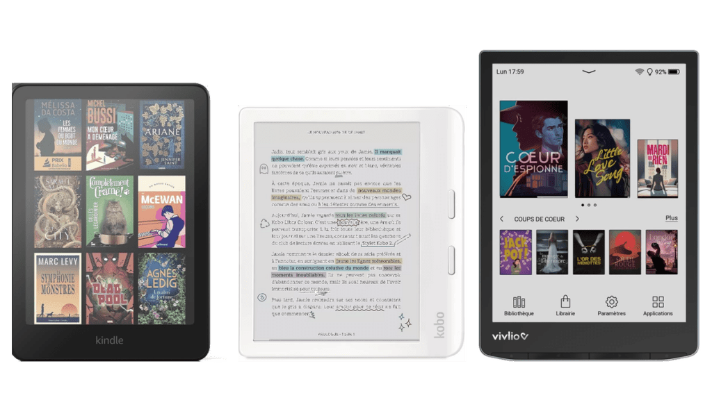 Liseuses Kindle Colorsoft, Kobo Libra Colour et Vivlio InkPad Color 3
alignées côte à côte pour comparer les trois écosystèmes de lecture numérique