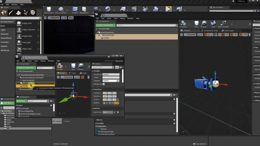 Interface d’Unreal Engine avec le template VR : configuration du VR Pawn et des contrôleurs dans la scène.