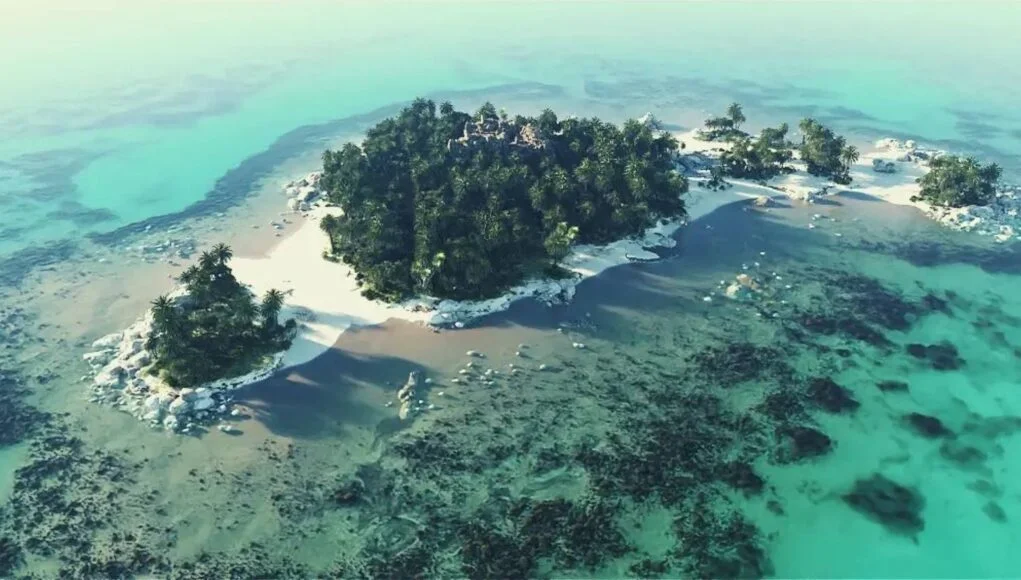 Exemple de scène générée avec World Creator 2026 (île, plage, eaux turquoise)
