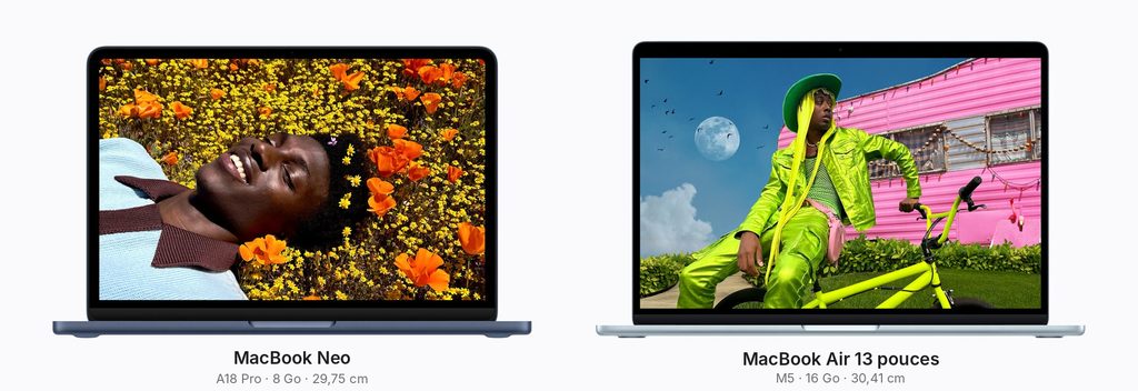 MacBook Neo à côté du MacBook Air M5, à la même échelle