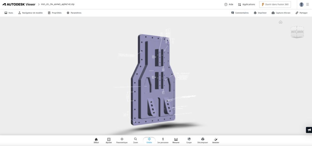 STEP viewer en ligne : une pièce ouverte dans Autodesk Viewer