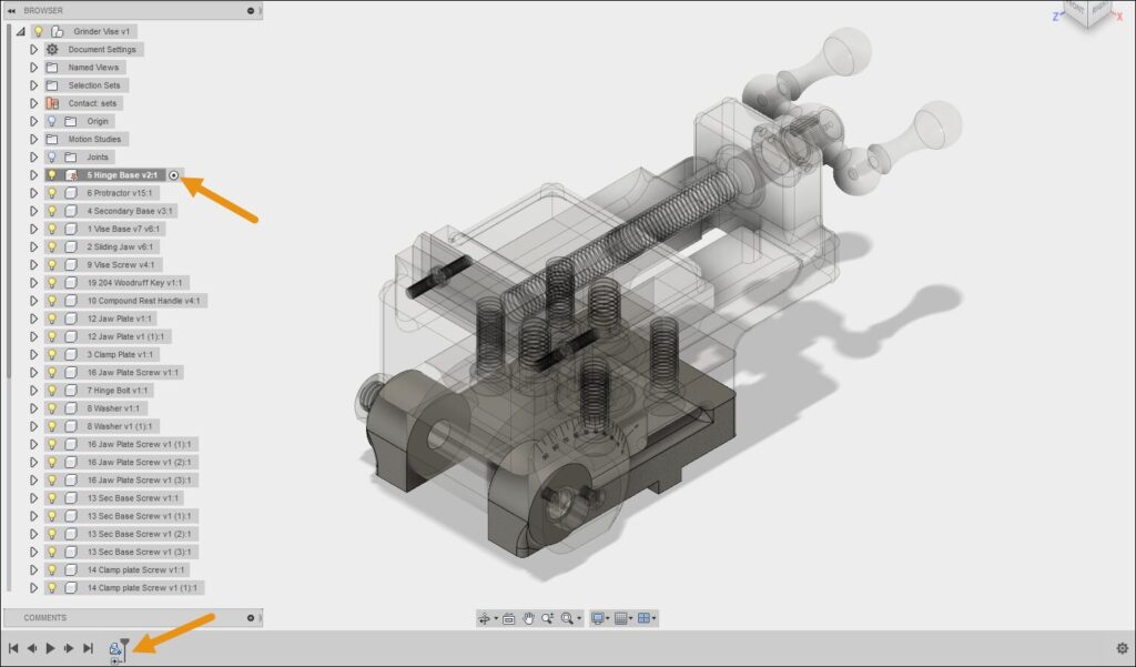 apture d'un modèle ouvert dans Fusion 360 avec la Timeline paramétrique