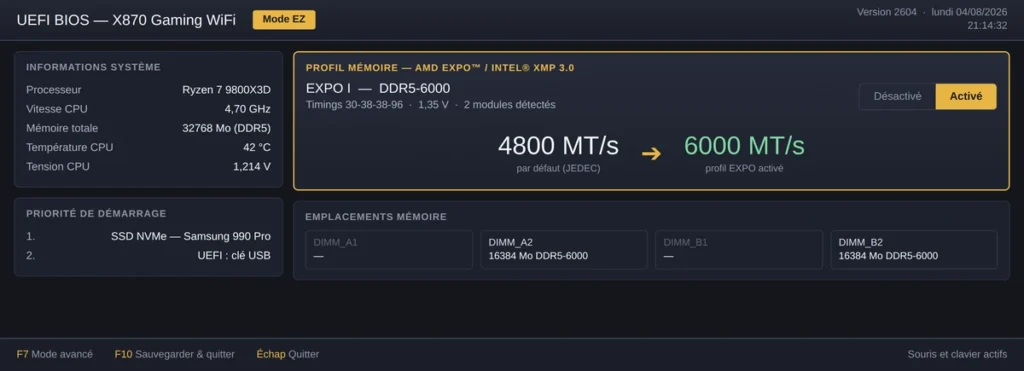 Activer le profil EXPO ou XMP de la RAM dans le BIOS